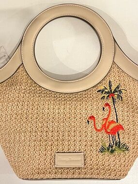 Tommy Bahama Beige Straw Tote with Embroidered Pink Flamingos NWT